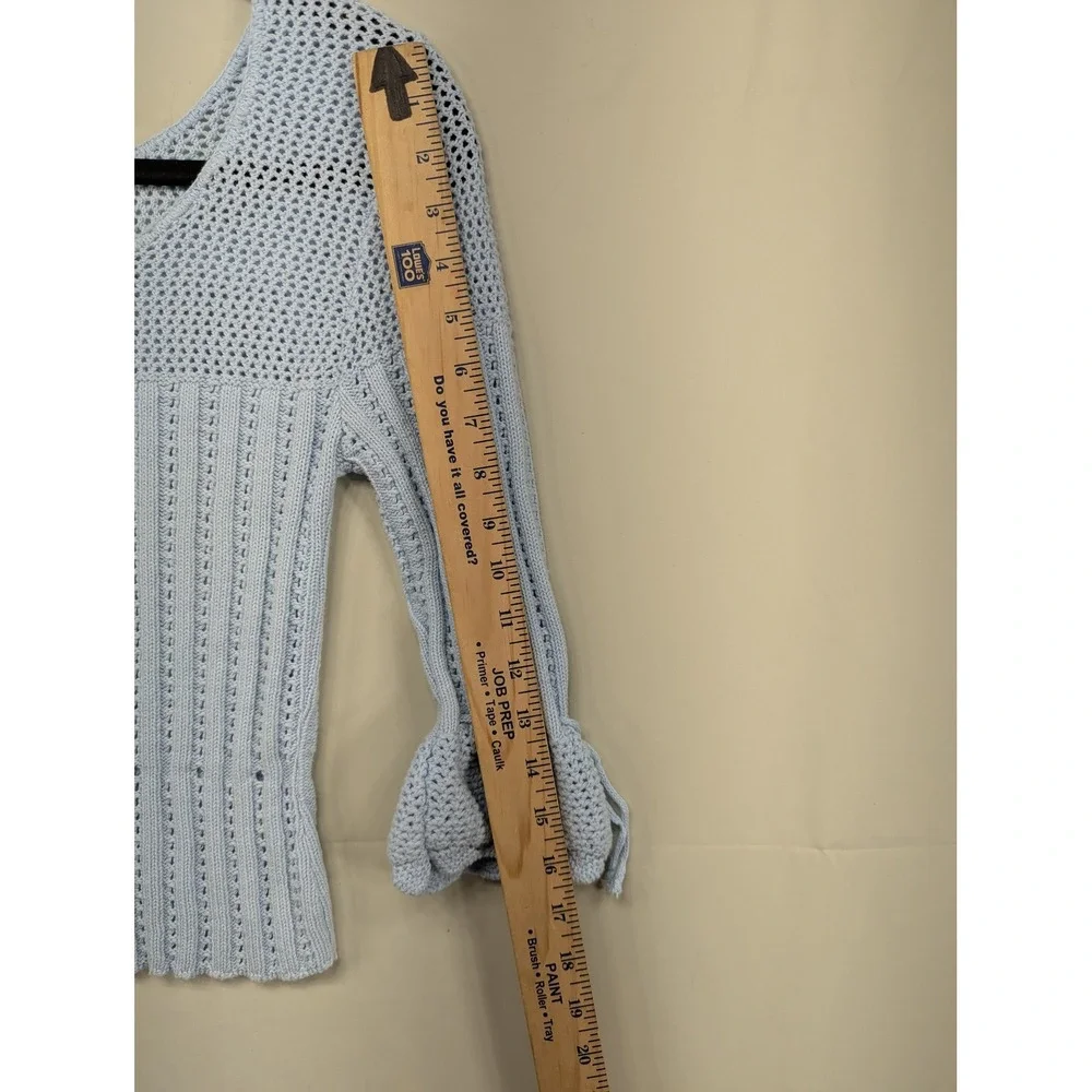 Retango Knit Sweater Blue Medium Drawstring Tie Bell Sleeve Cropped‎ Cotton
